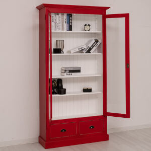 Vitrinenschrank im Antik-Look - rote Vitrine mit Schubladen
