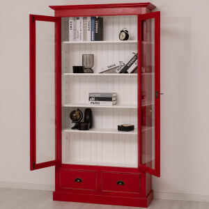 Vitrinenschrank im Antik-Look - rote Vitrine mit Schubladen