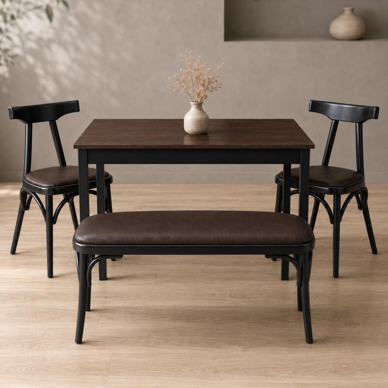 Esszimmer-Komplettset 4-teilig im Caféhausstil | Tisch, Bank & 2 Stühle