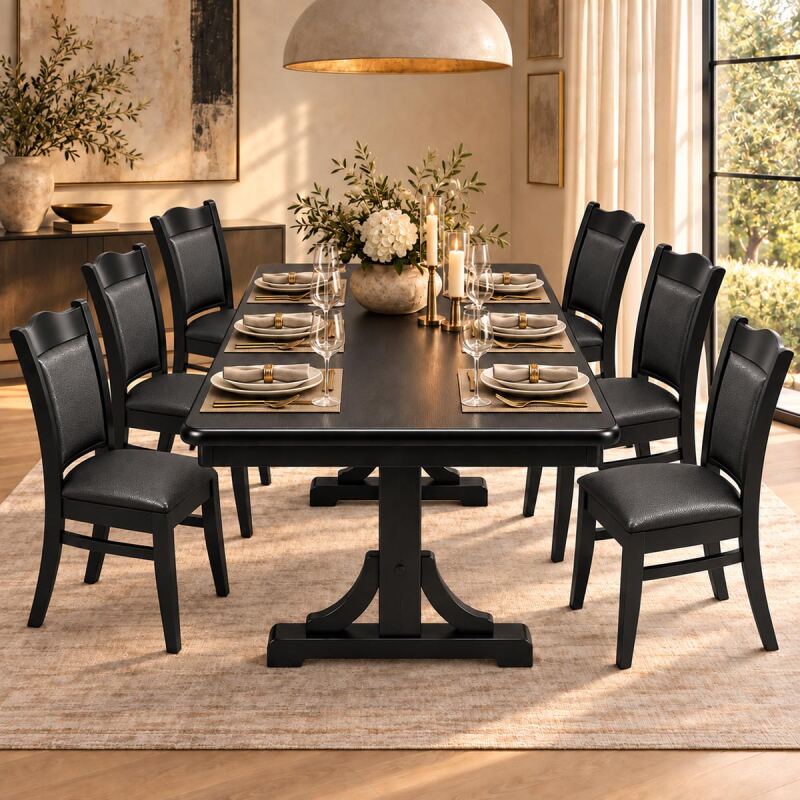 7-teiliges Esszimmer-Set Schwarz | Ausziehtisch & 6 Stühle