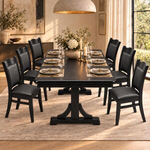 7-teiliges Esszimmer-Set Schwarz | Ausziehtisch & 6 Stühle