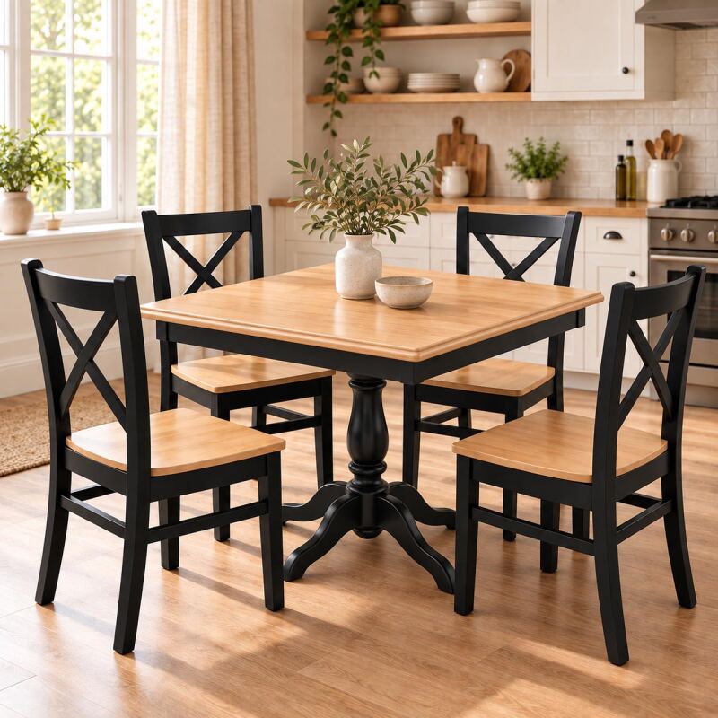 Essgruppe im Landhausstil – Tisch 100×100 cm mit 4 Stühlen in Buche Natur/Schwarz