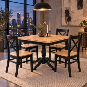 Essgruppe im Landhausstil – Tisch 100×100 cm mit 4 Stühlen in Buche Natur/Schwarz