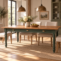 Landhaus-Esstisch180 cm - olivgrün mit Schubladen