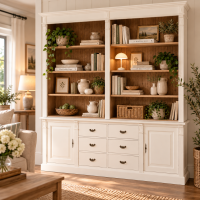 Regalwand im Landhausstil - Wohnzimmerschrank hellbraun und weiß