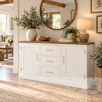 Kommode im Landhausstil mit Lamellentüren - Eichenplatte braun weiß