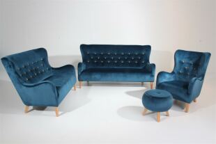 Vintage Sessel Melina Samtvelours blau mit gelben Knöpfen