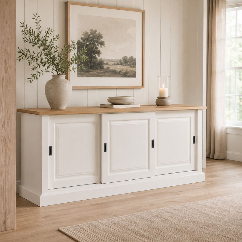 Sideboard mit Schiebetüren, Eichenplatte, Massivholz, Landhausstil - Onlineshop für massive Landhausmöbel