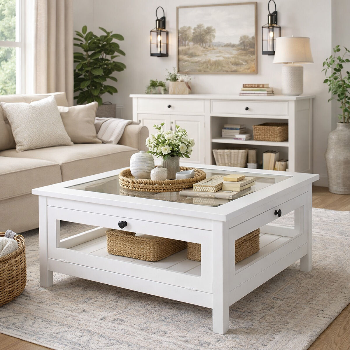 Weißer Landhaus-Couchtisch mit Glasfenstern - Onlineshop für massive Landhausmöbel